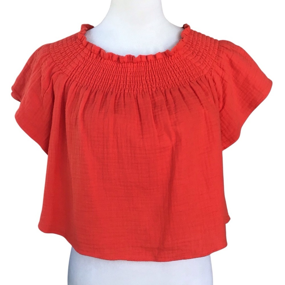 Apiece Apart Red Smocked Neck Flutter Sleeve Crop Top